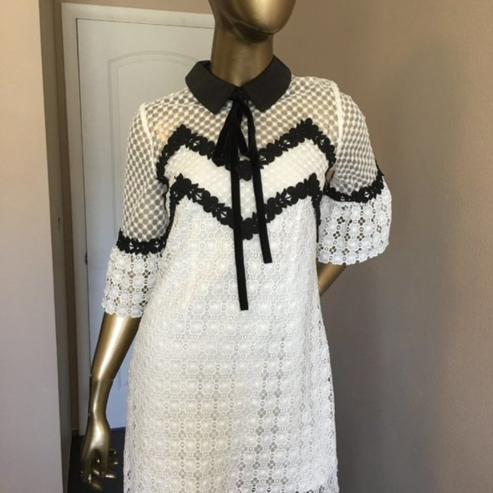 Black & White Petal Shift Dress with School Girl Collar - Picture 4 of 11